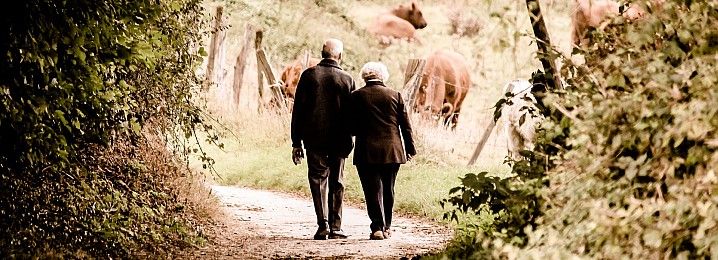 Älteres Ehepaar von hinten auf einem Wanderweg